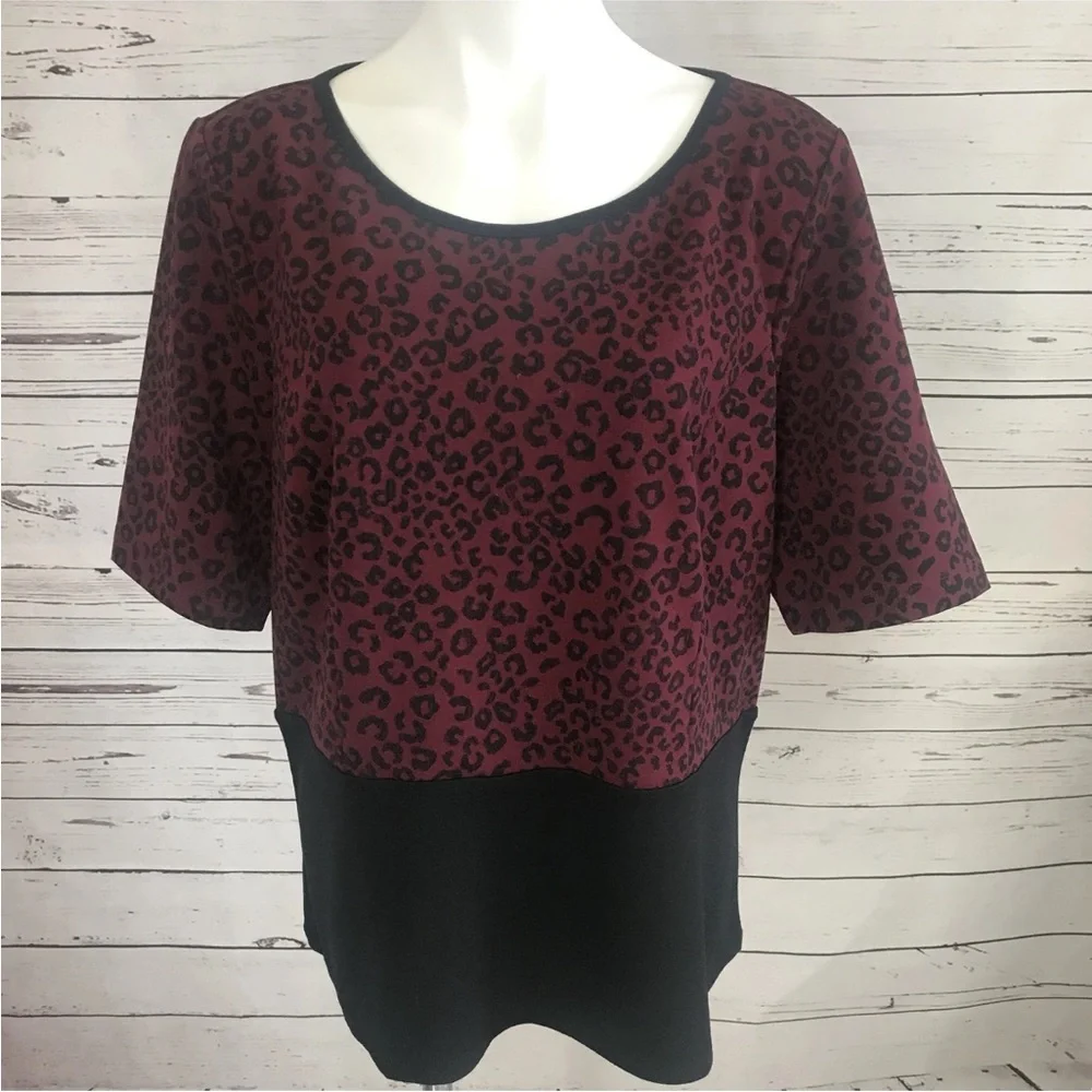 Ann Taylor Womans XXL Burgundy Wine Black Animal Print Top Blouse Zipper NWT $69